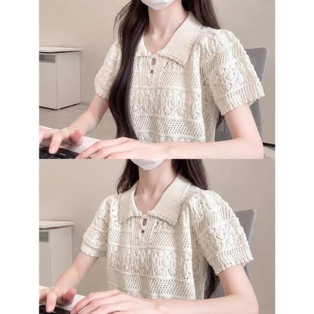 펀칭 폴로넥 레이스 크로쉐 여성 크롭 니트 반팔 F