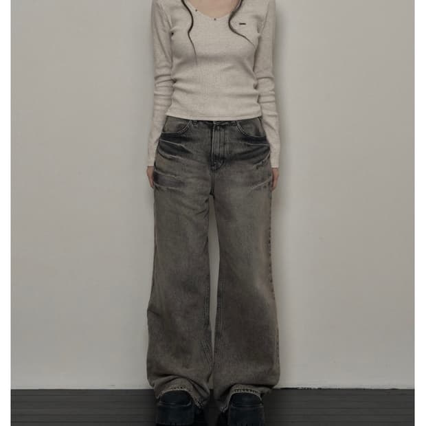 카키포인트 워싱 와이드 데님 팬츠