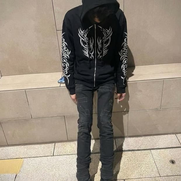 트라이벌 무늬 프린트 기모후드집업