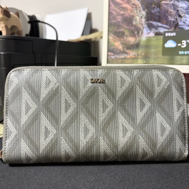 디올 지퍼 장시갑 디올 CD 다이아몬드 캔버스 그레이