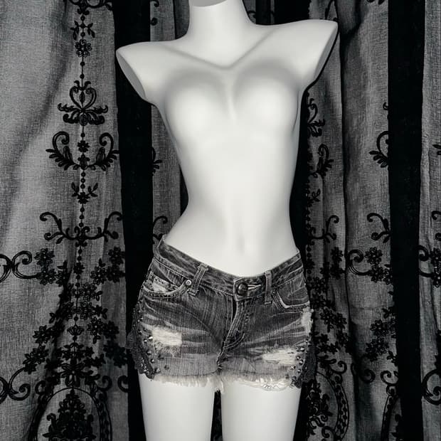 gray studded distressed denim shorts