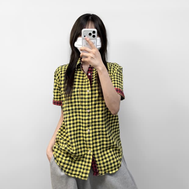 스투시 00s 체크 반팔 셔츠 옐로우