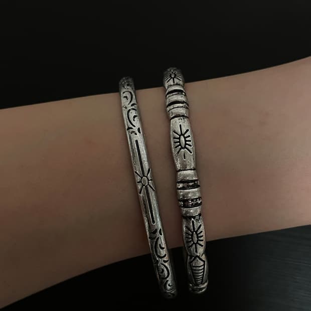 빈티지 오리엔탈 히피 실버 뱅글 2피스