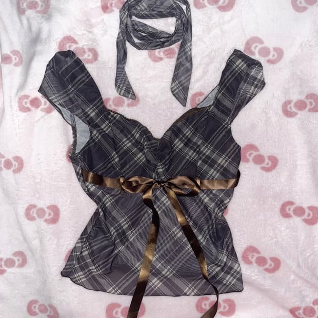 라떼갸루 체크 리본 블라우스 빈티지