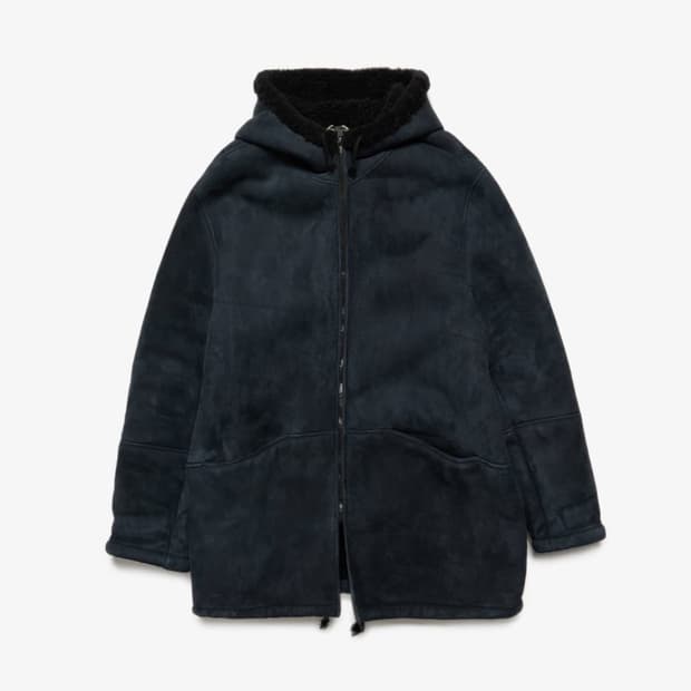 이지 시즌5 롱 후드 무스탕 자켓