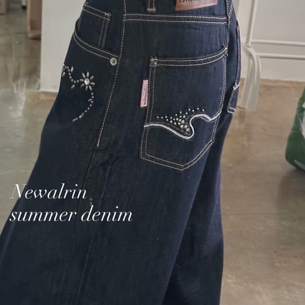 뉴얼린 코코 플라워 데님 팬츠 wide fit raw Denim