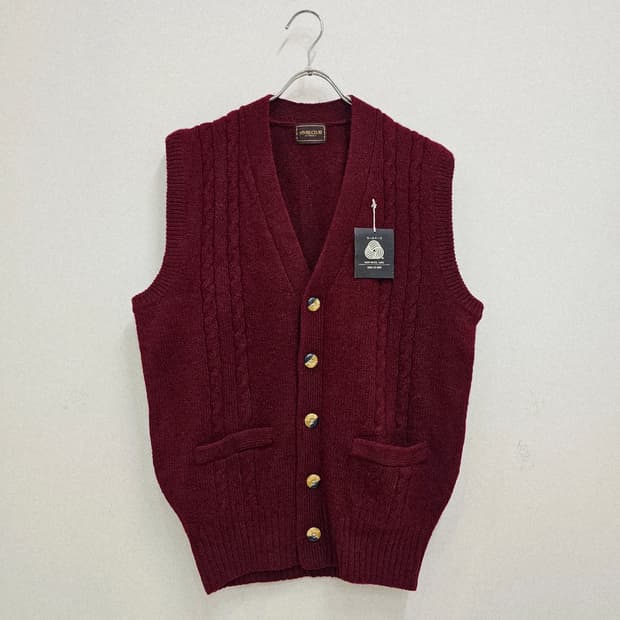 울 100% 버건디 꽈배기 니트 조끼 베스트 일본빈티지