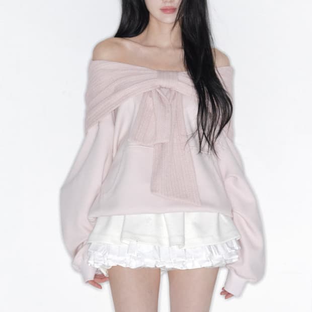더티스 리본 오프숄더 후드 핑크