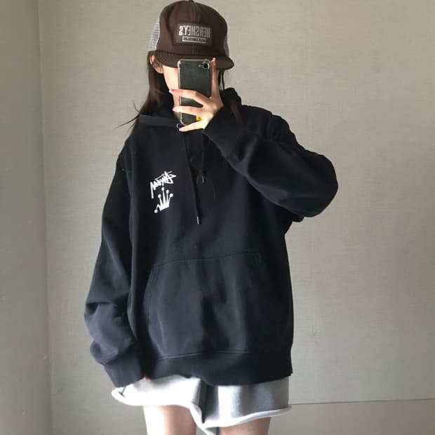 스투시 블랙 크라운 후드티