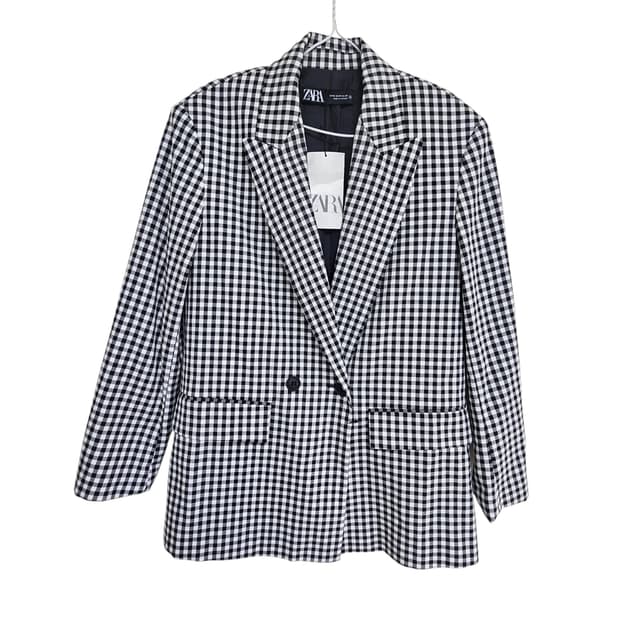 새상품 자라 체크 패턴 더블 버튼 블레이저 XS