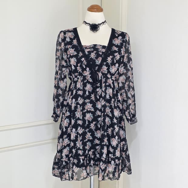 일본빈티지 sky bomber 블랙로즈 보헤미안 쉬폰 모리걸 원피스