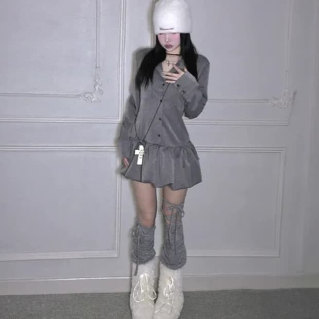 MEEGO 퍼프 리본 셔츠 미니 원피스 그레이