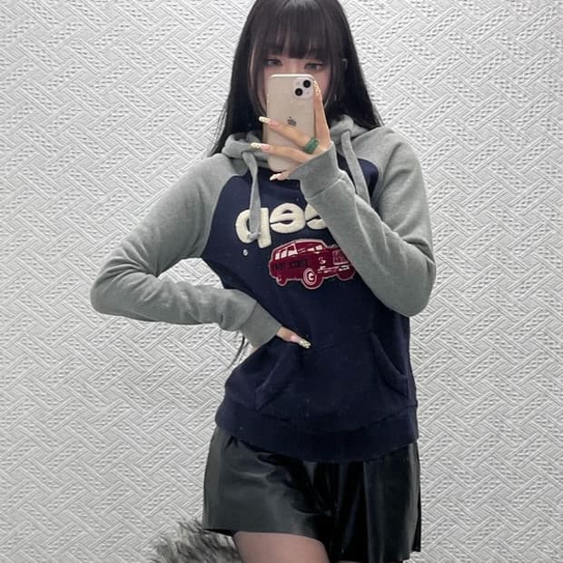 지프 레트로 캐주얼 키치 뽀글이 빅로고 후드티 S C10051