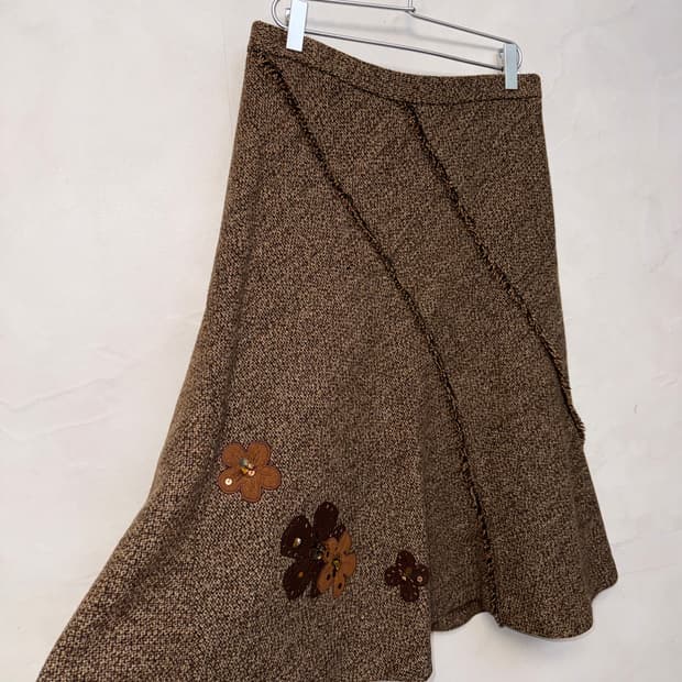 Brown bohemian flower patch wool skirt