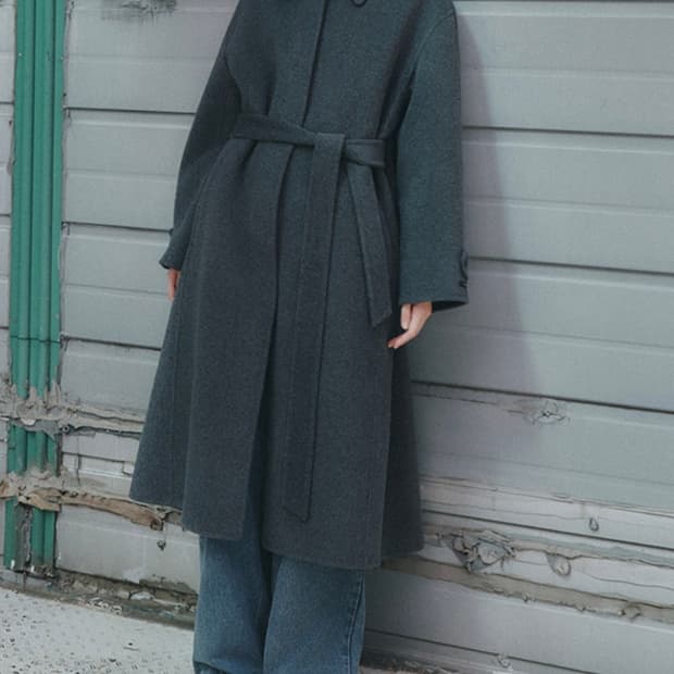 (울70%)미쏘 핸드메이드 벨티드 롱 코트 딥그레이