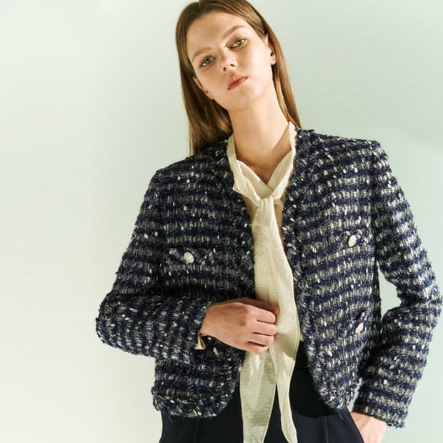 마인(MINE) 울 블렌드 칼라리스 오픈 트위드자켓 55-66