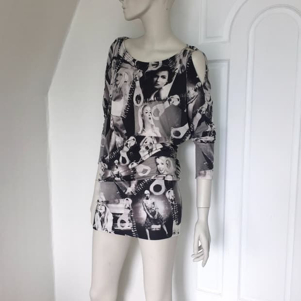 Magazine Graphic Cutout Shoulder Dress