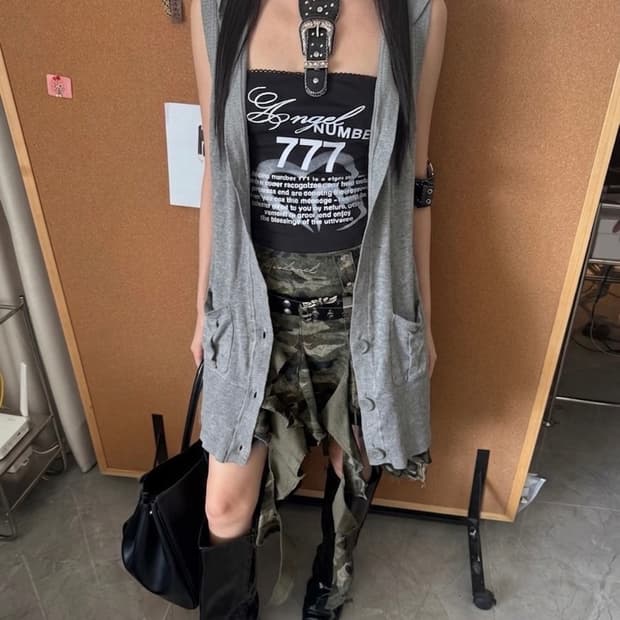 갸루 펑크st 니트 후드 롱 베스트 조끼