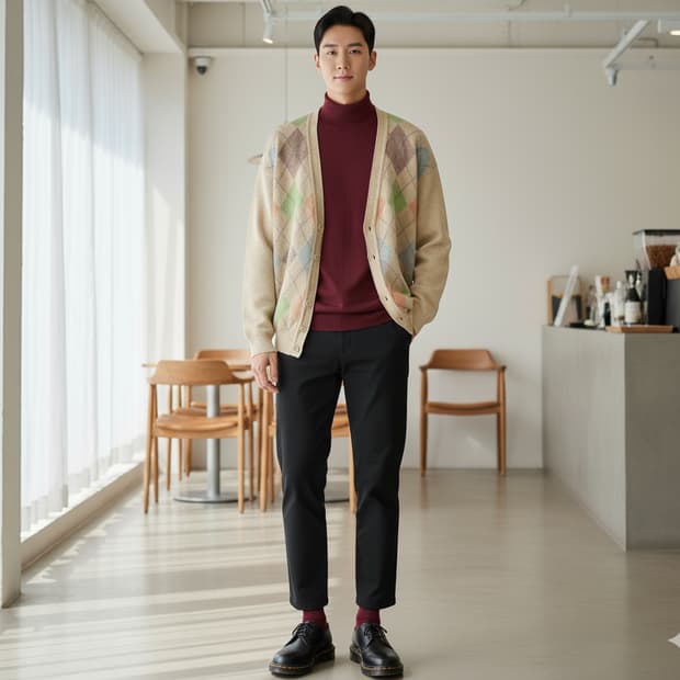 베네통 아가일 울니트 가디건 M(95)