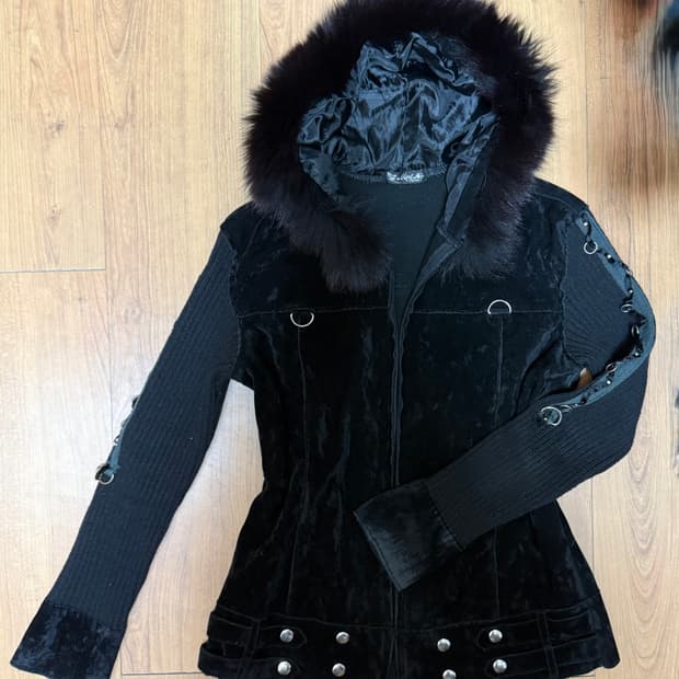 MeiNa fashion 벨벳 퍼 후드 블랙 자켓 락펑크 오네갸루 빈티ㅈ