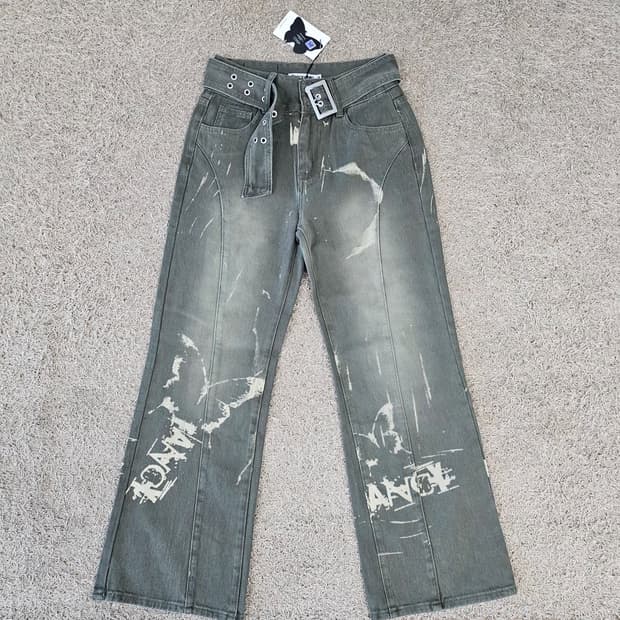 새상품(M 25-26) 팬시클럽 벨트 와이드 데님 팬츠