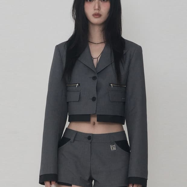 에트오소메 배색 레이어 셋업 지퍼 크롭 블레이저 자켓 그레이