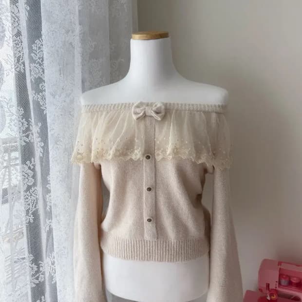 리즈리사 라떼갸루 오프숄더 레이스 니트 오네히메 빈티지