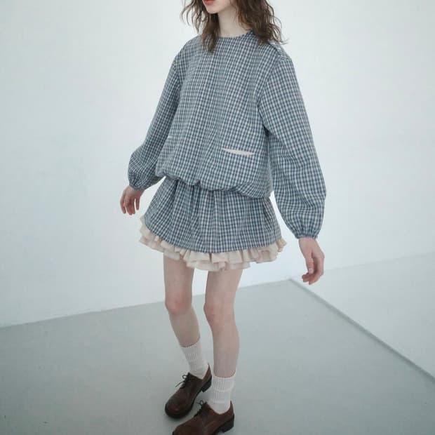 balloon check blouse 플레따 벌룬 체크 블라우스