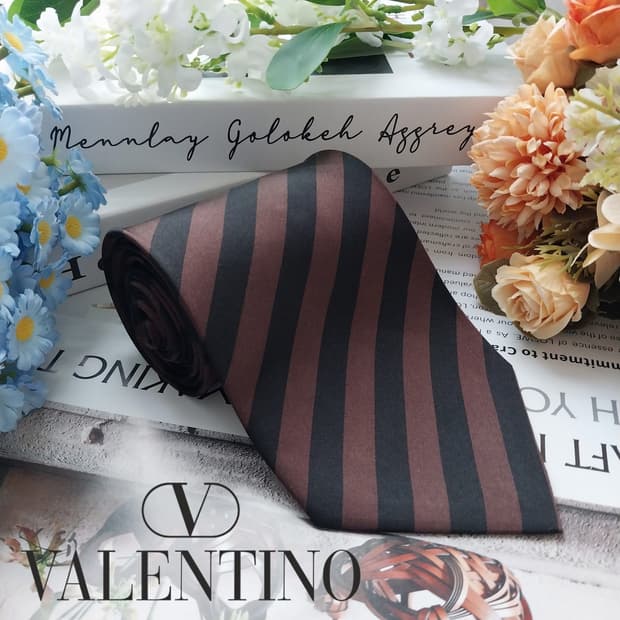 발렌티노 실크 브라운&블랙 스트라이프 넥타이 10cm A등급 K1483
