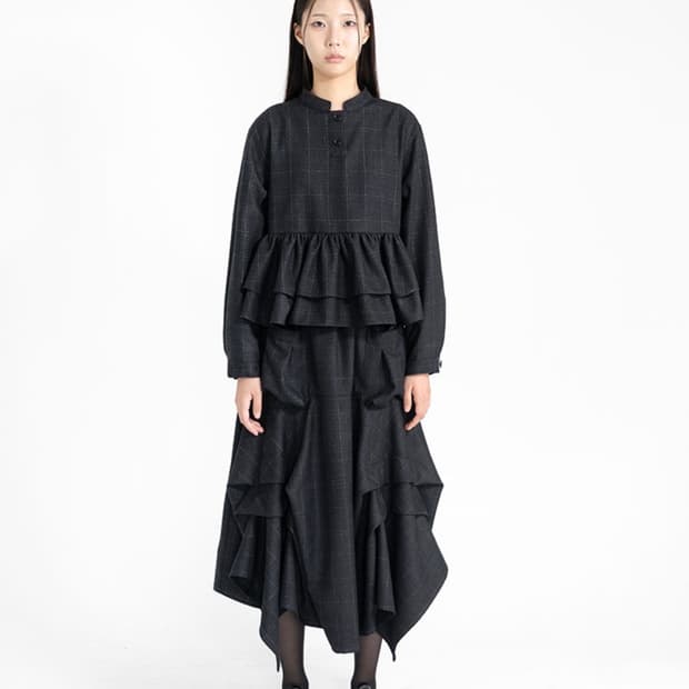 유노이아 체크 버튼 블라우스 + 체트 포켓 스커트 셋업