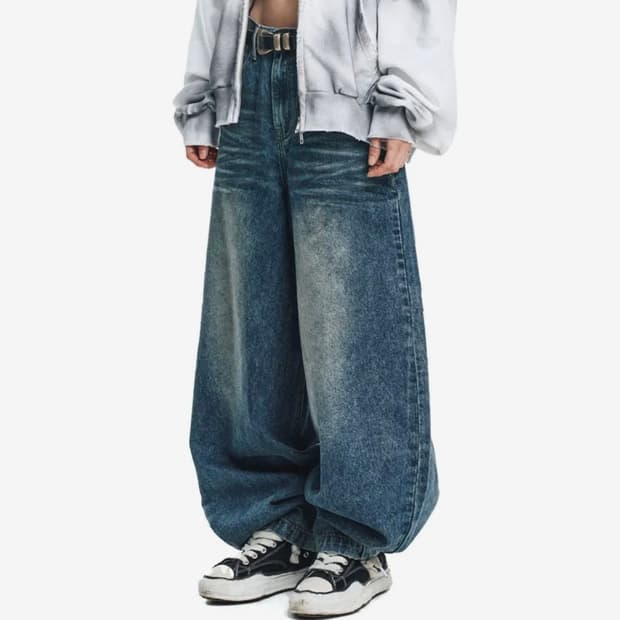 이지노이지 오일 워시드 배기 와이드 데님팬츠 - 딥블루