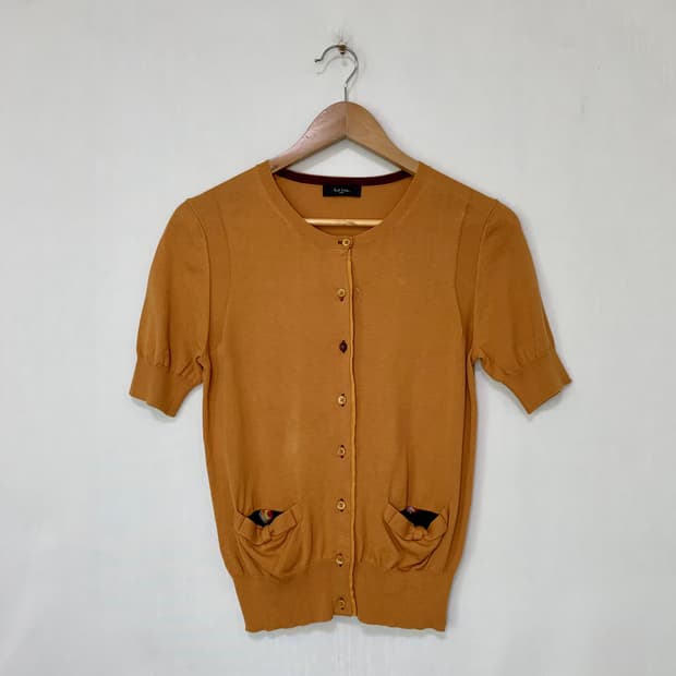 폴스미스 슬림 세미크롭 반팔 니트 가디건 오렌지브라운 빈티지