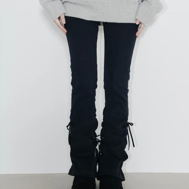 하이스쿨디스코 리본 셔링 부츠컷 피치코튼팬츠