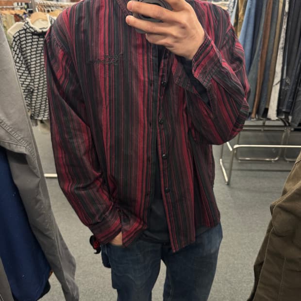 XL)할리데이비슨 빈티지 자수 블랙&레드 스트라이프 긴팔셔츠