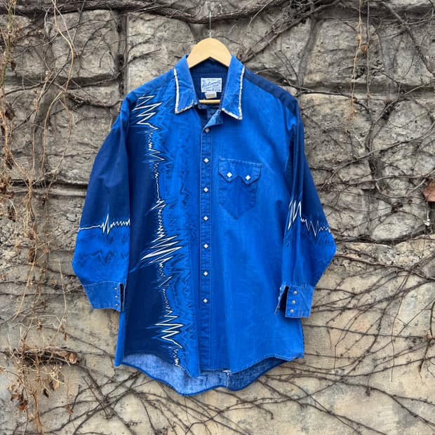 80s 락마운트 빈티지 커스텀 페이딩 웨스턴 셔츠 블루 L