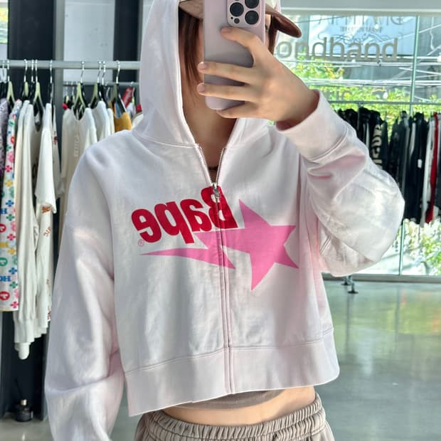 베이프 스타 크롭 핑크 후드집업