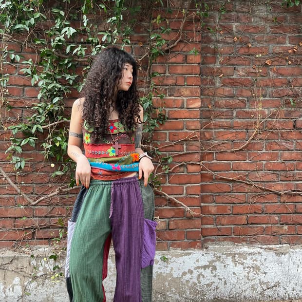 히피 에스닉 패치 와이드 팬츠