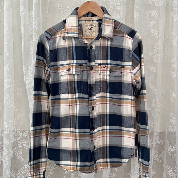 XS) 홀리스터 기모 체크 셔츠 남방 네이비