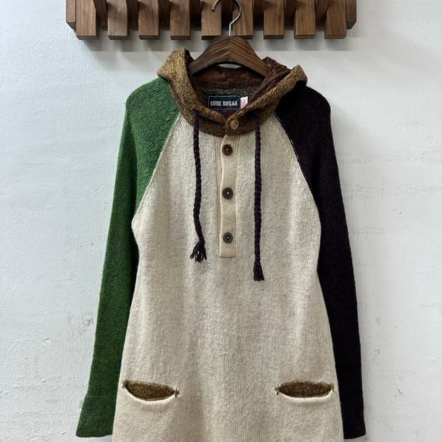 일본빈티지 Cube Sugar 큐브슈가 울 혼방 컬러블록 후드 니트