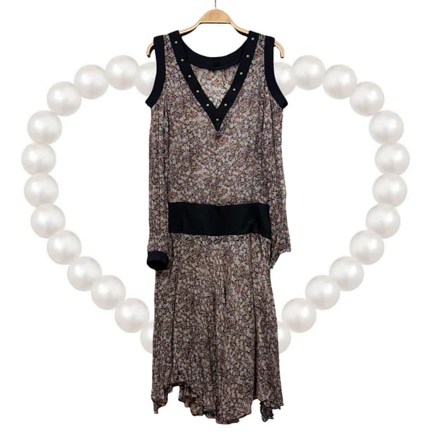 일본 빈티지 유니크 오리엔탈 쉬폰 어깨 트임 원피스