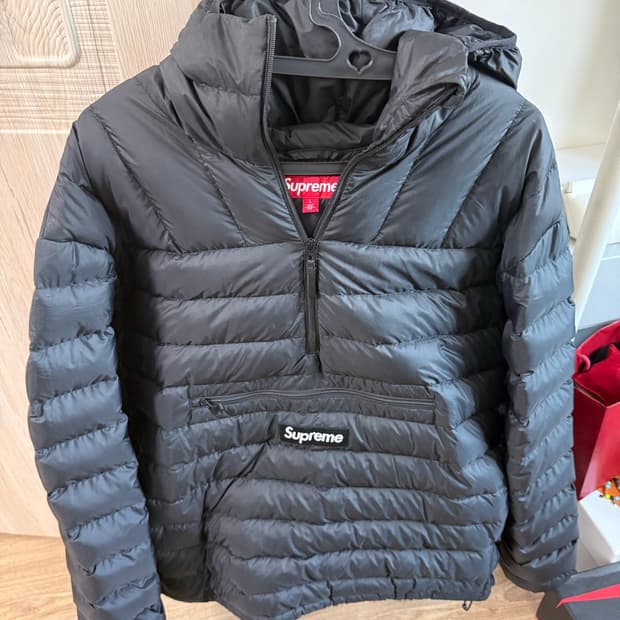 슈프림 마이크로 다운 하프 집 후드 풀오버 블랙 L