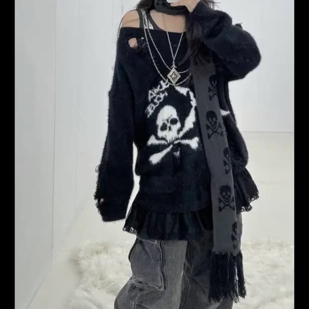 해골프린팅데미지니트