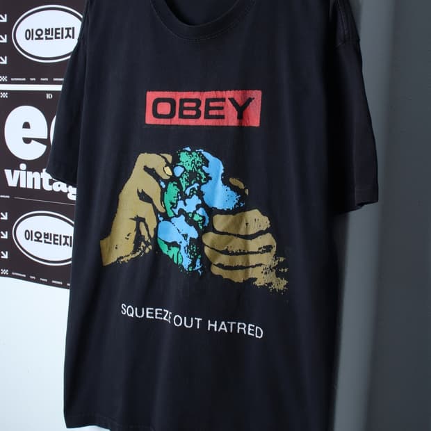 (L-2XL) 오베이 반팔 티셔츠 오버핏 에이징 올드스쿨-H35108