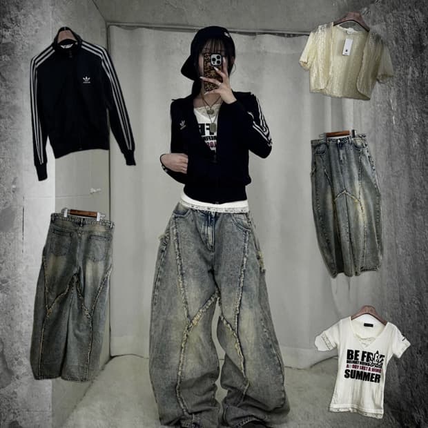 아디다스 코르티스깔 작사딱붙 집업 그런지 팬츠 데일리힙 코디세트 