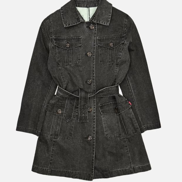 belted grey denim coat