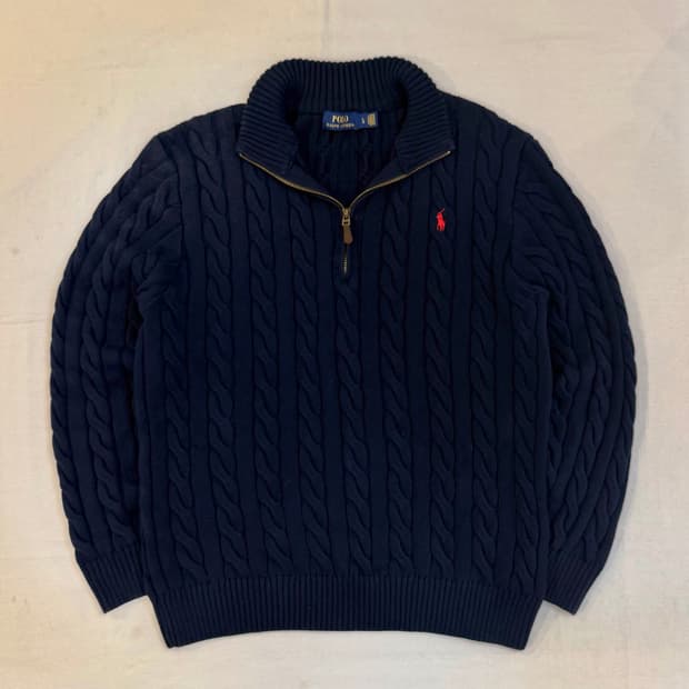 폴로 랄프로렌 꽈배기 케이블 반집업 니트 네이비