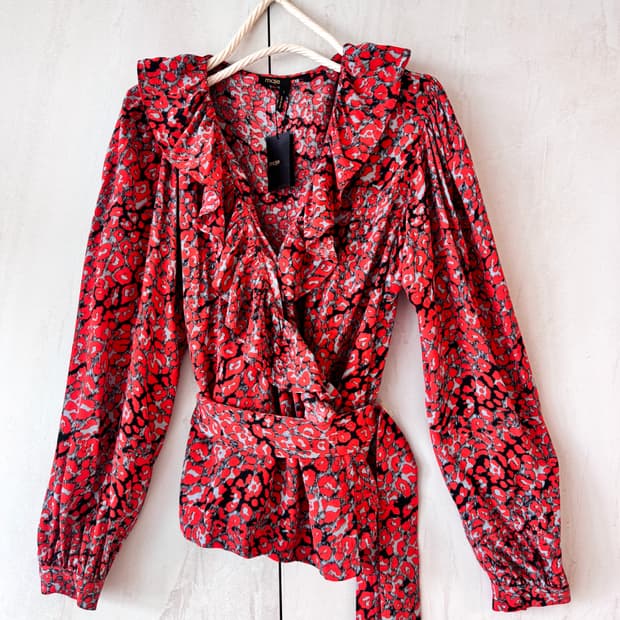 텍있는 새상품 maje 레드 레오파드 랩 블라우스 1(44,55가능)