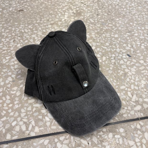 Cat Ear Washed Black Ball Cap