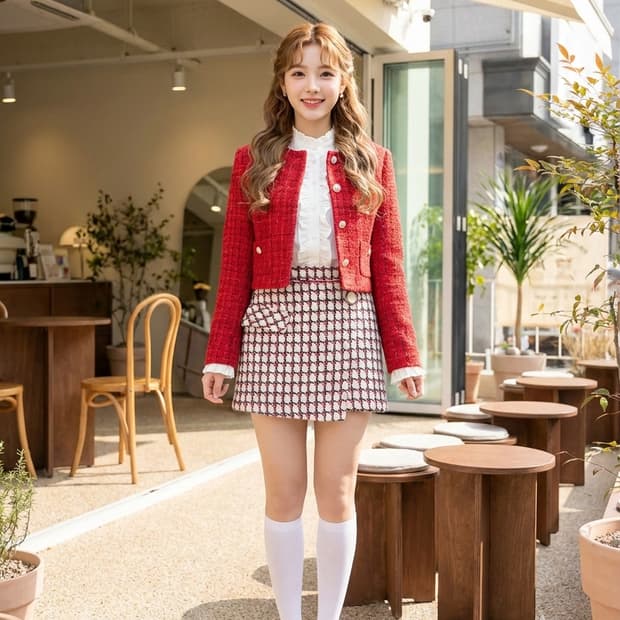 온앤온(on & on) 레드 체크 트위드 언발 미니 스커트