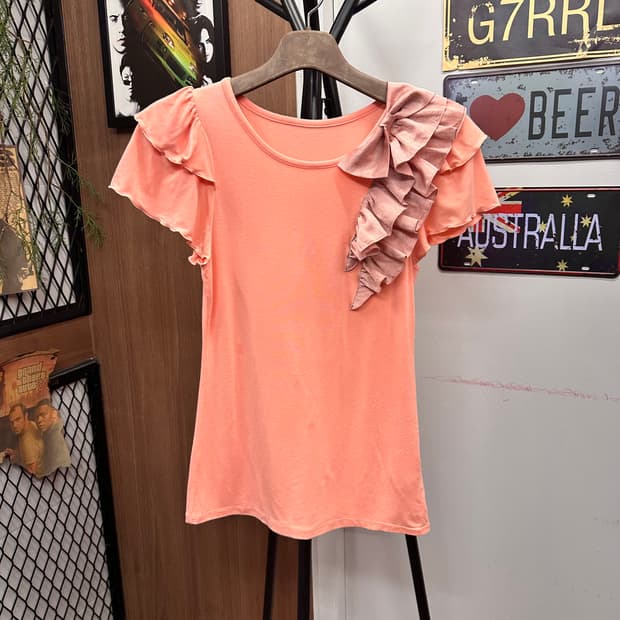 Coral Frill Detail Cotton T-Shirt Top